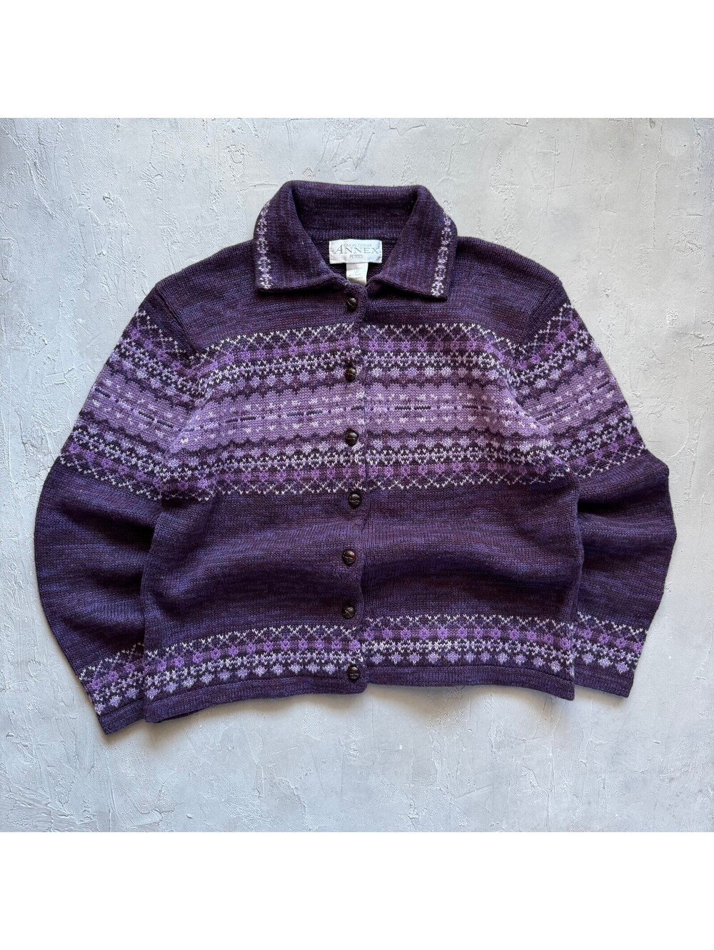 Vintage 90s Purple Pattern Striped Fall Button Up Cardigan Sweater Size S